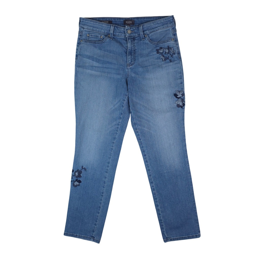 NYDJ Boyfriend Jeans Women 8 Pacific Blue Floral Embroidered Lift Tuck M66Z2095